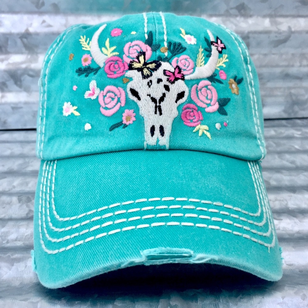 Distressed Style Baseball Cap Turquoise Steer Head